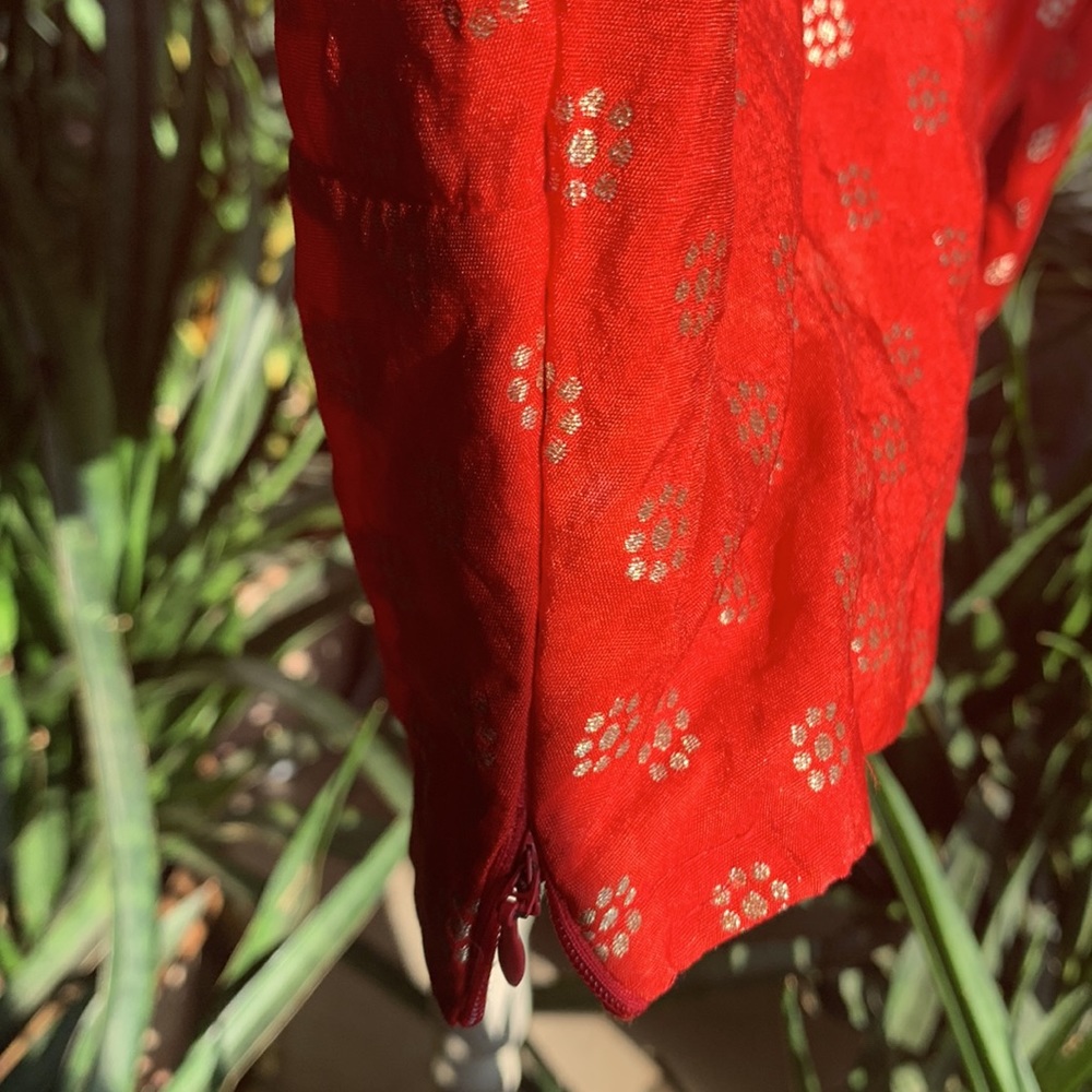 FIERY RED saree blouse with golden thread work. Full back. Zips on sides. - Picture 5 of 9